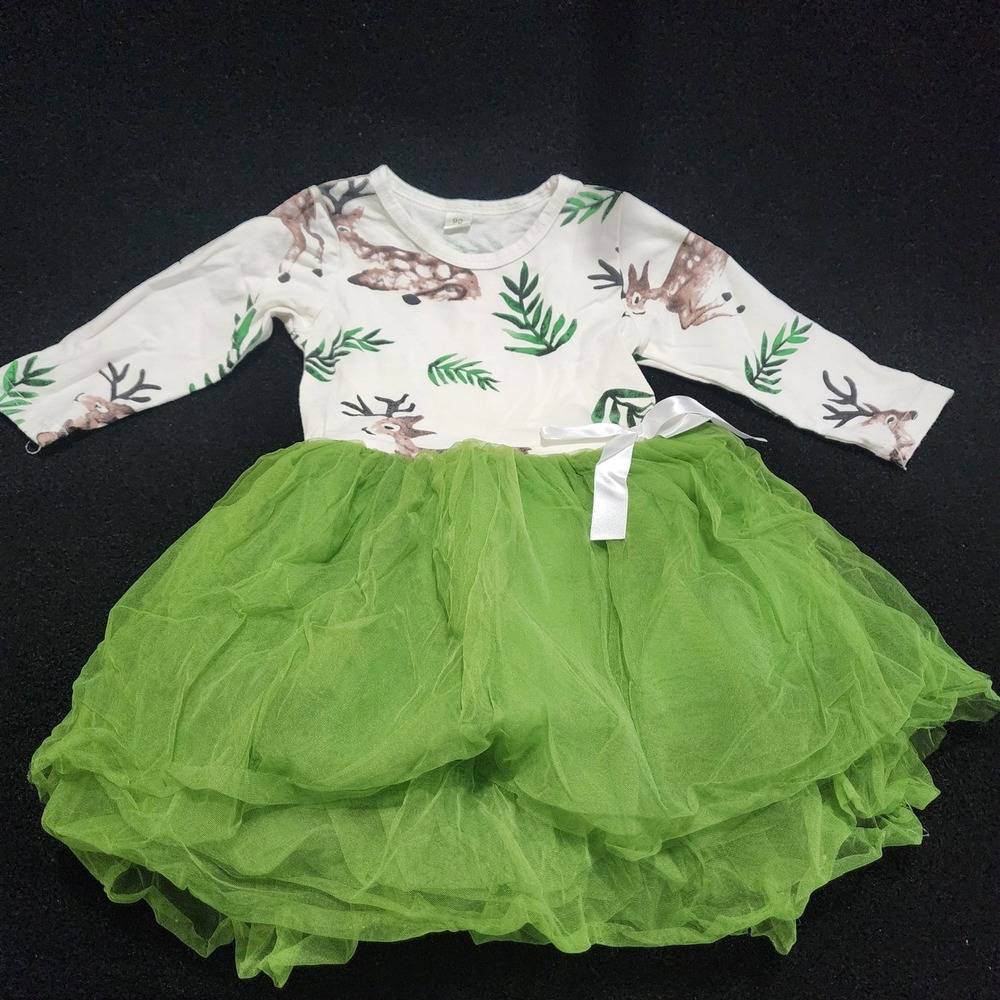 Kids Deer‎ Print Long Sleeve Tutu Dress Green Tulle Ruffle Bow Size 12-18 MONTHS